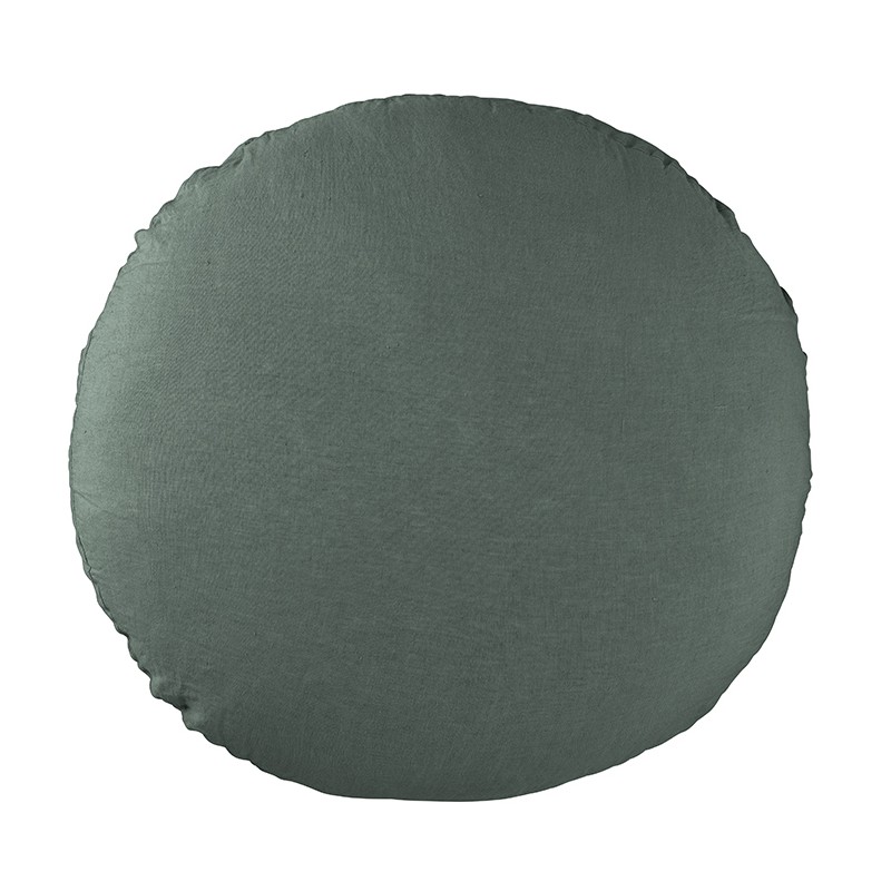 Housse de coussin rond diamètre 65 cm en lin lavé uni Vert Eucalyptus