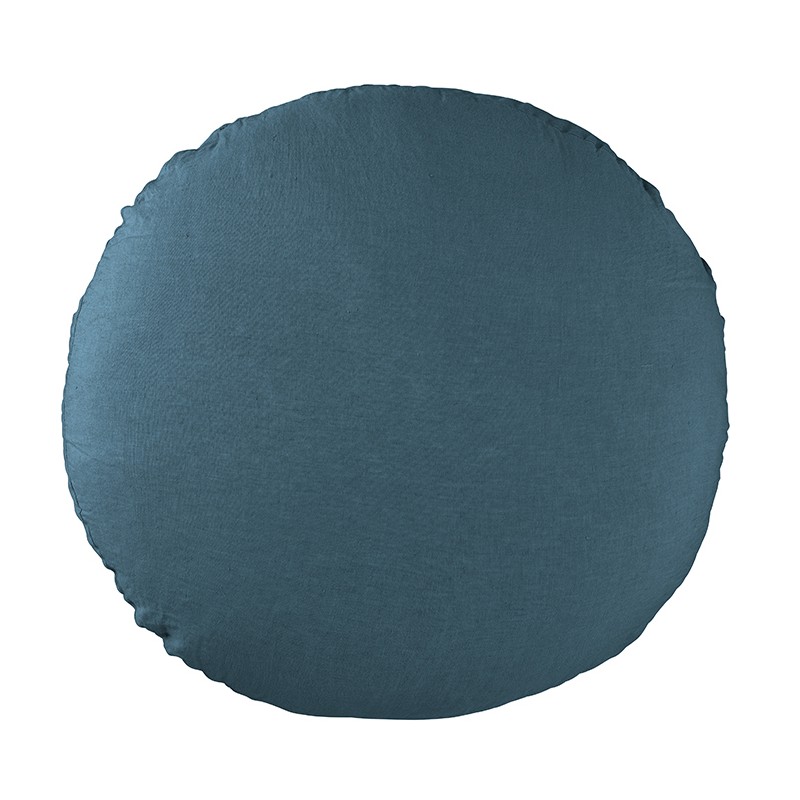 Housse de coussin rond diamètre 65 cm en lin lavé uni Bleu Pétrole