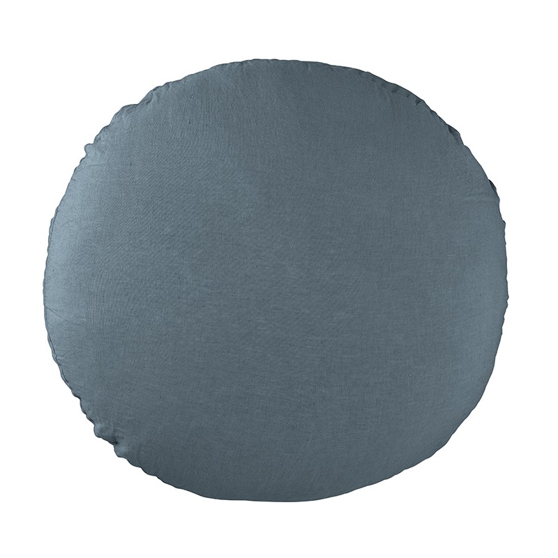 Housse de coussin rond diamètre 65 cm en lin lavé uni Bleu Orage