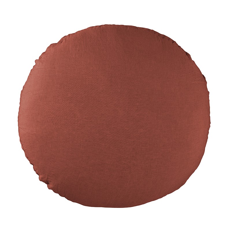 Housse de coussin rond diamètre 65 cm en lin lavé uni Orange Terracotta