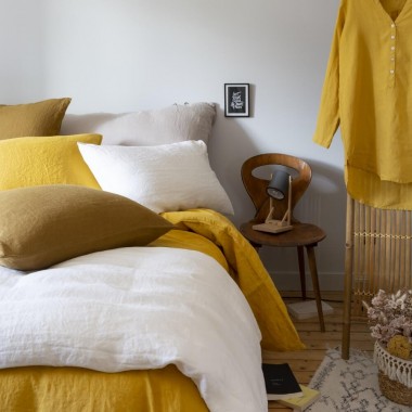 Mix and match de linge de lit couleurs Jaune Pépite, Caramel et Argile