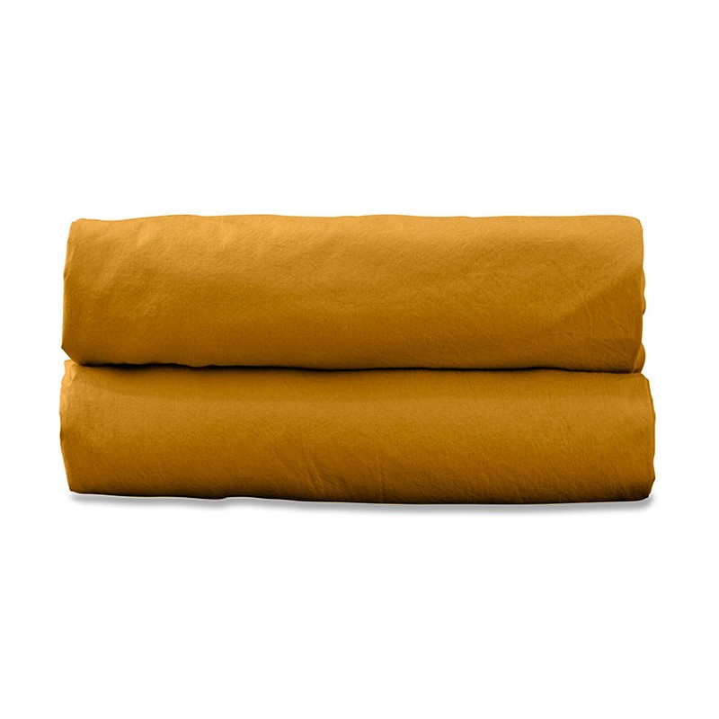 Drap housse 1 personne 90 x 190 cm en coton lavé percale bio Jaune Pépite