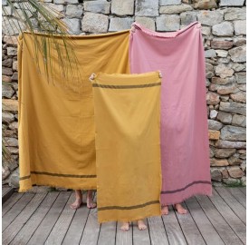 Fouta de plage éponge Jaune Pépite et Rose Boudoir