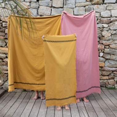 Fouta de plage éponge Jaune Pépite et Rose Boudoir