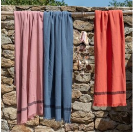 Fouta de plage éponge Rose Boudoir, Bleu Encre et Orange Terracotta