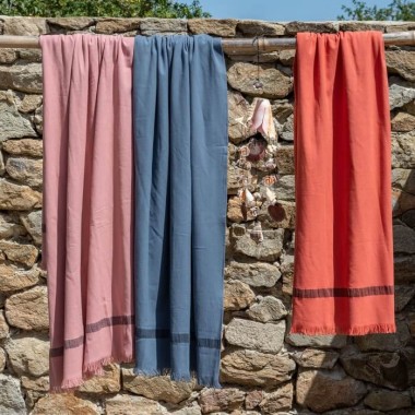 Fouta de plage éponge Rose Boudoir, Bleu Encre et Orange Terracotta