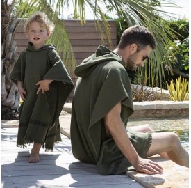 Poncho enfant à capuche en coton Kaki