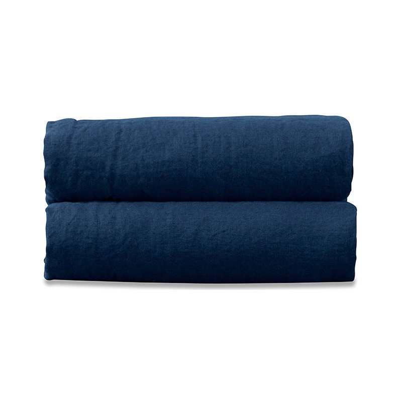 Drap plat 1 personne 180 x 290 cm en lin lavé uni Bleu Marine