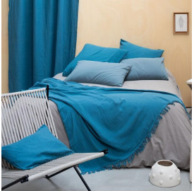Taies d'oreiller carrées 65 x 65 cm en coton lavé percale Bleu Pétrole et Bleu Orage