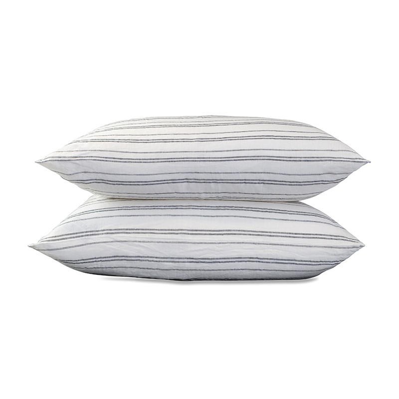 Taies d'oreiller rectangulaires 50 x 70 cm en lin lavé chambray x2 Rayure Marcel Noir
