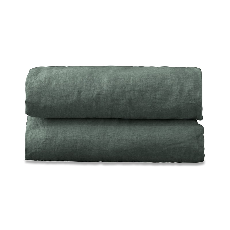 Drap housse 1 personne 90 x 190 cm en lin lavé uni Vert Eucalyptus