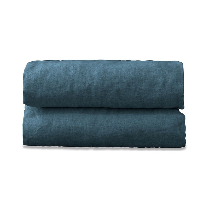 Drap housse 1 personne 90 x 190 cm en lin lavé uni Bleu Pétrole