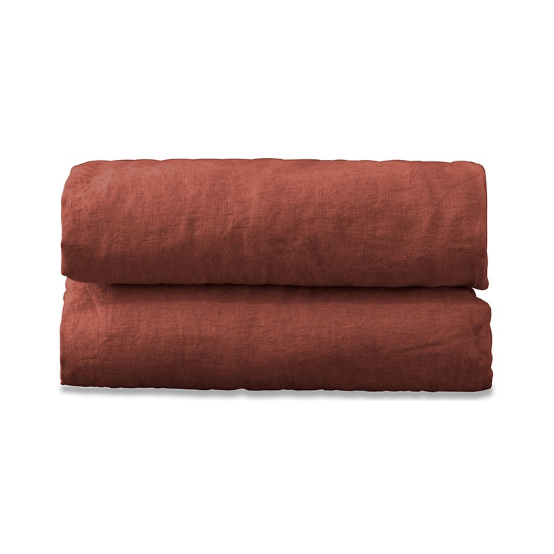 Drap housse 1 personne 90 x 190 cm en lin lavé uni Orange Terracotta