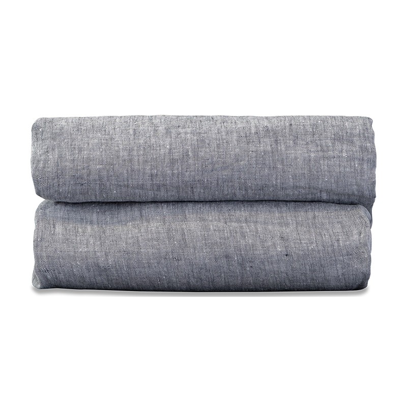 Drap housse 1 personne 90 x 190 cm en lin lavé chambray Charbon