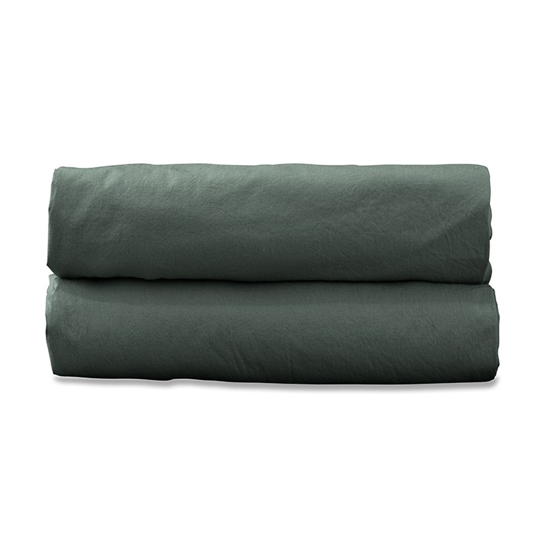 Drap housse 1 personne 90 x 190 cm en coton lavé percale bio Vert Eucalyptus