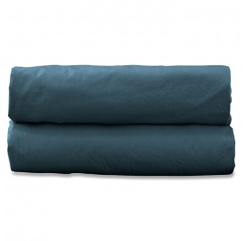 Drap housse 1 personne 90 x 190 cm en coton lavé percale bio Bleu Pétrole