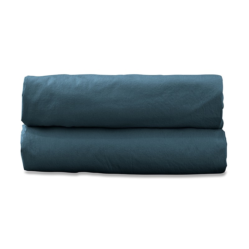 Drap housse 1 personne 90 x 190 cm en coton lavé percale bio Bleu Pétrole