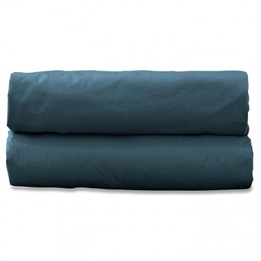 Drap housse 1 personne 90 x 190 cm en coton lavé percale bio Bleu Pétrole