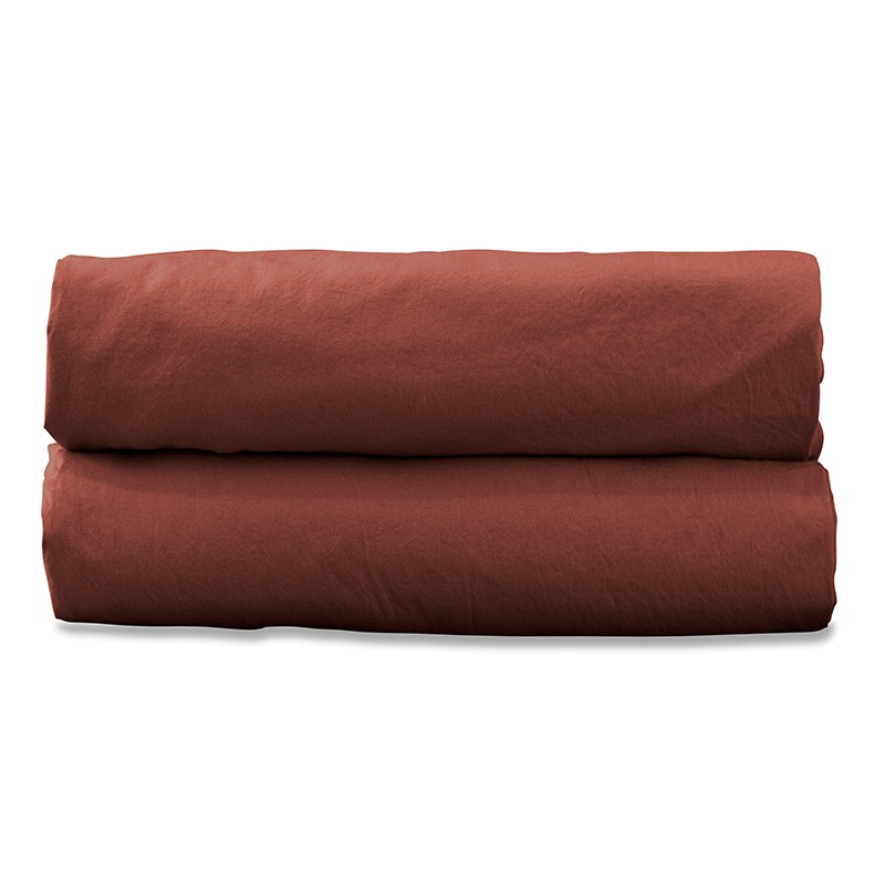 Drap housse 1 personne 90 x 190 cm en coton lavé percale bio Orange Terracotta