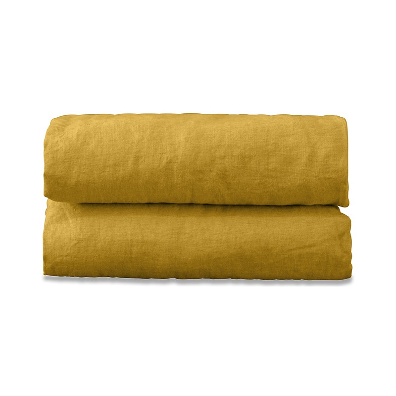 Drap housse 2 personnes en lin lavé uni Jaune Safran Drap housse 2 personnes en lin lavé uni Jaune Safran