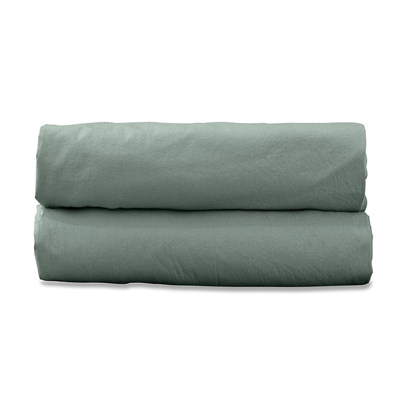 Drap housse 2 personnes en coton lavé percale bio Vert Céladon