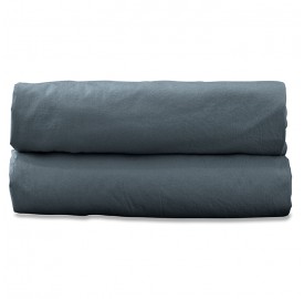 Drap housse 2 personnes en coton lavé percale bio Bleu Orage