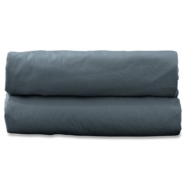 Drap housse 2 personnes en coton lavé percale bio Bleu Orage