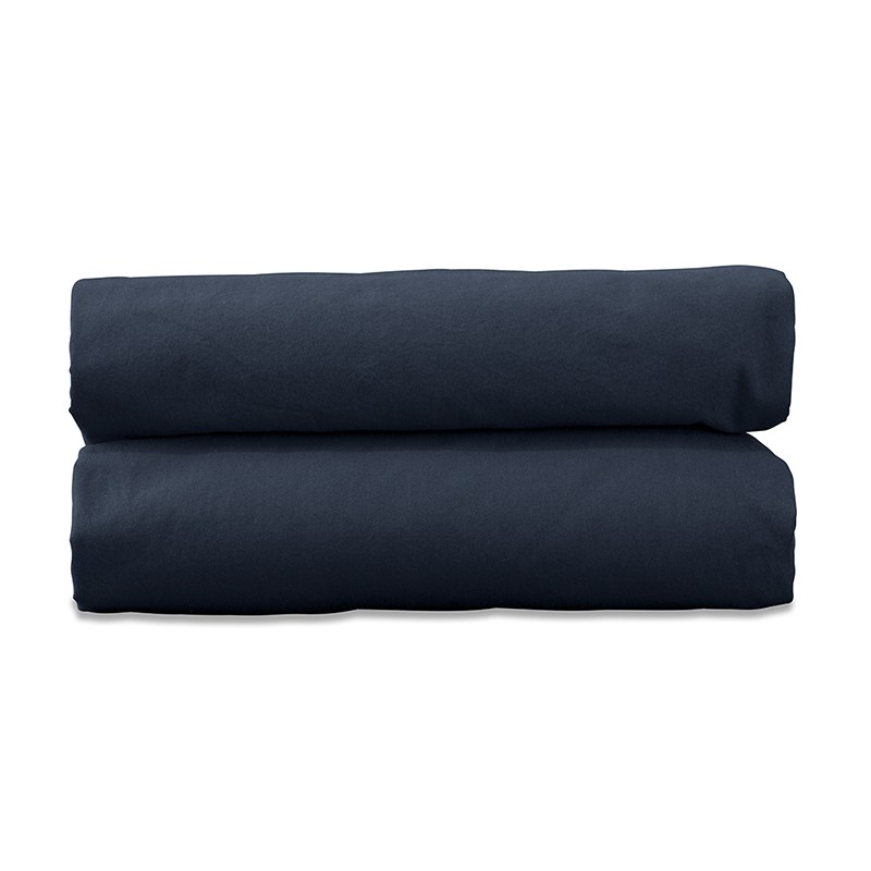 Drap housse 2 personnes en coton lavé percale bio Bleu Encre