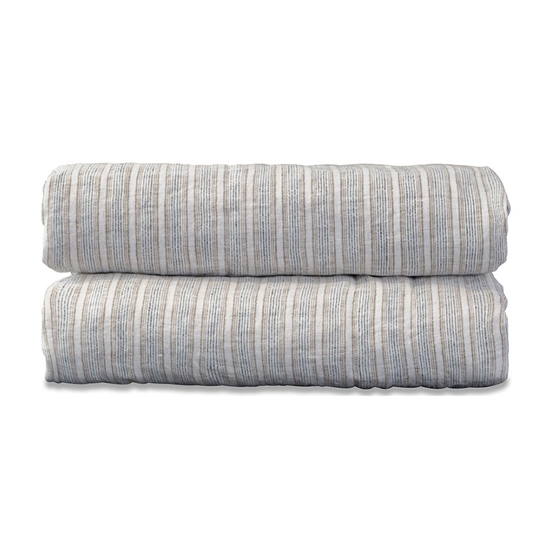 Drap plat 1 personne 180 x 290 cm en lin lavé chambray Rayure Albert Caramel Drap plat 1 personne 180 x 290 cm en lin lavé chambray Rayure Albert Caramel